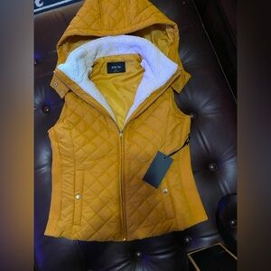 Active USA Women's Mustard Quilted Vest with Hood